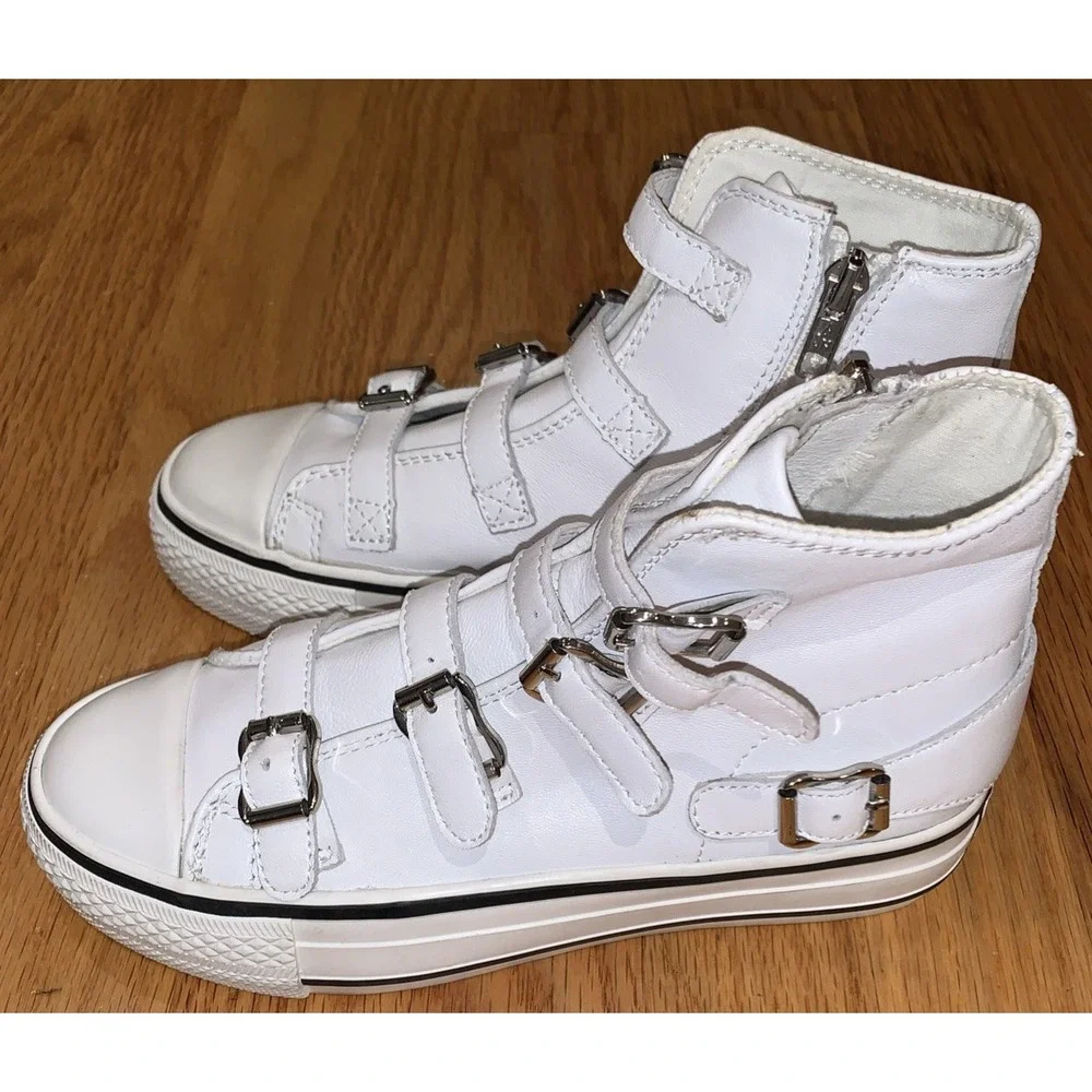 ASH Women's Leather High Top Sneakers Multi-Buckle Side Zip White Sz EU 35 US 5 - Picture 2 of 8